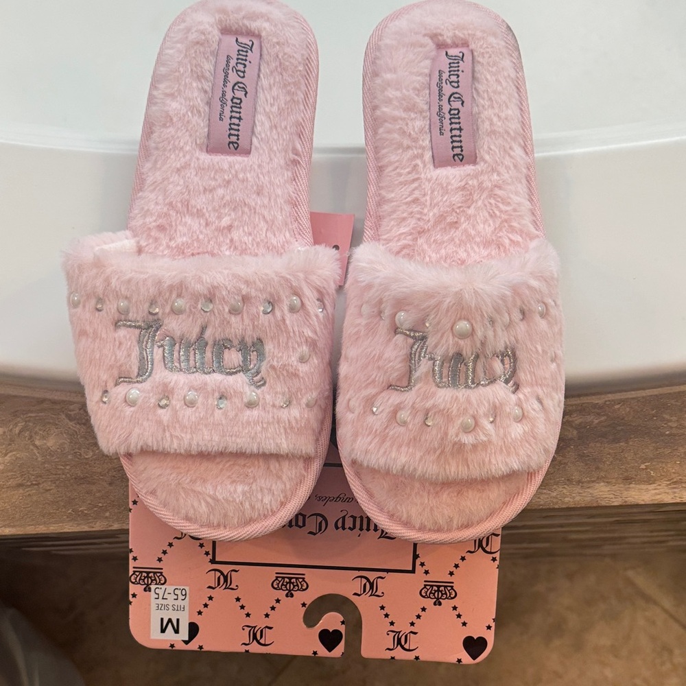 Juicy Couture Light Pink Fuzzy Slide Slippers with Pearl Accents